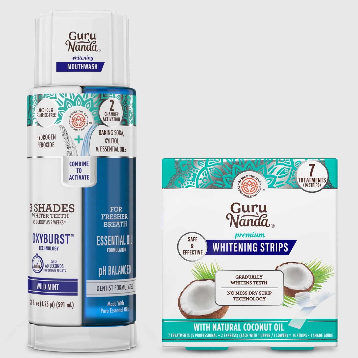 Guru Nanda Oxyburst mouthwash bottle with whitening strips box