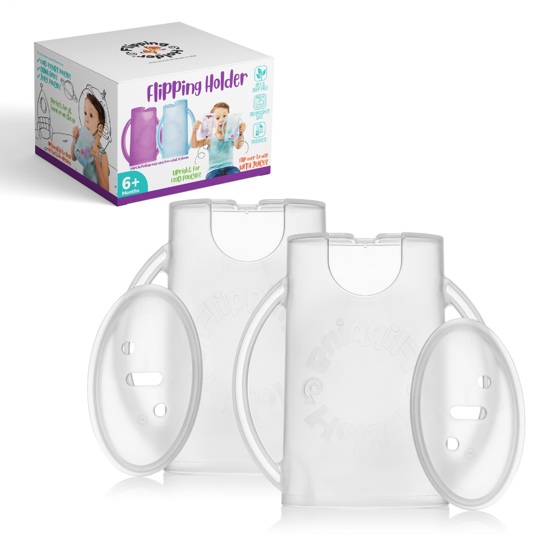 Food pouch holder set with two white trays and retail box