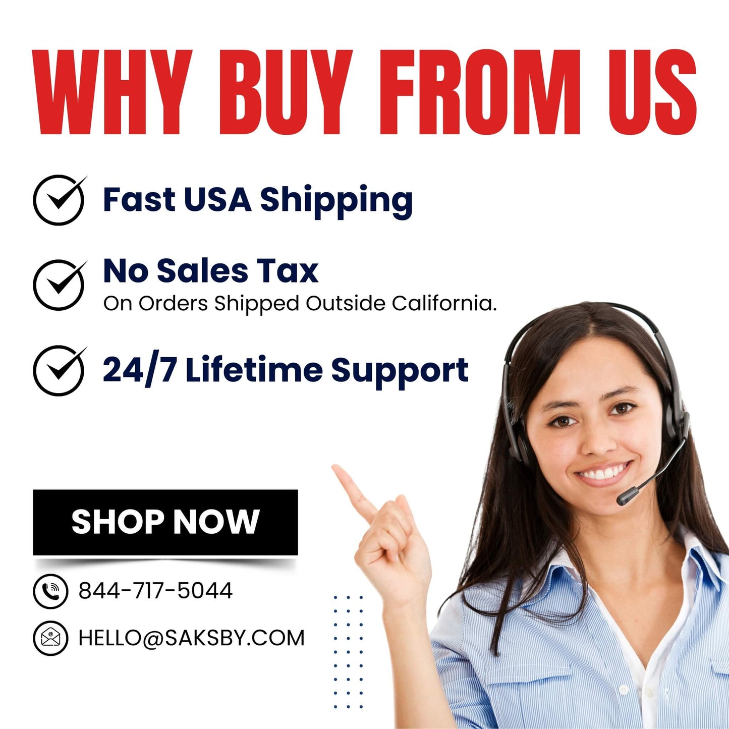 Customer support headset graphic with phone number and "WHY BUY FROM US" text