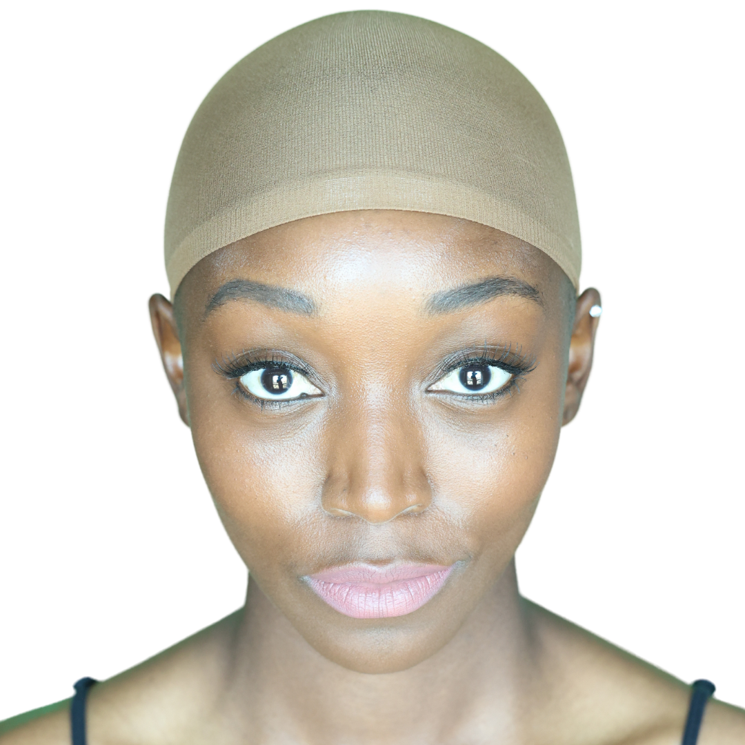 Light-tone under beanie wig cap on model, front view