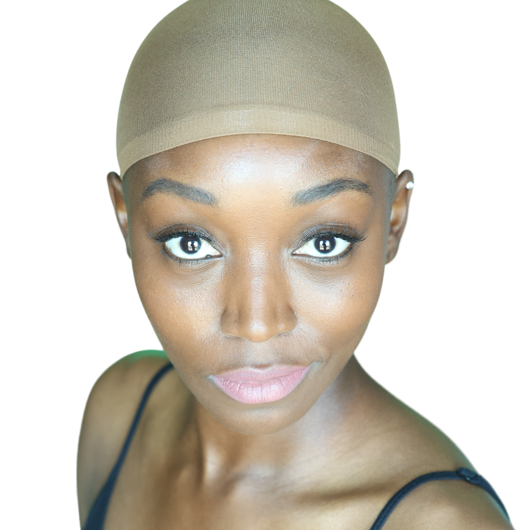 Light-tone under beanie wig cap on model, front view with slight head tilt