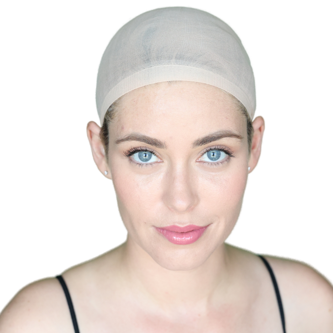 Light-tone under beanie wig cap on model, head-on portrait