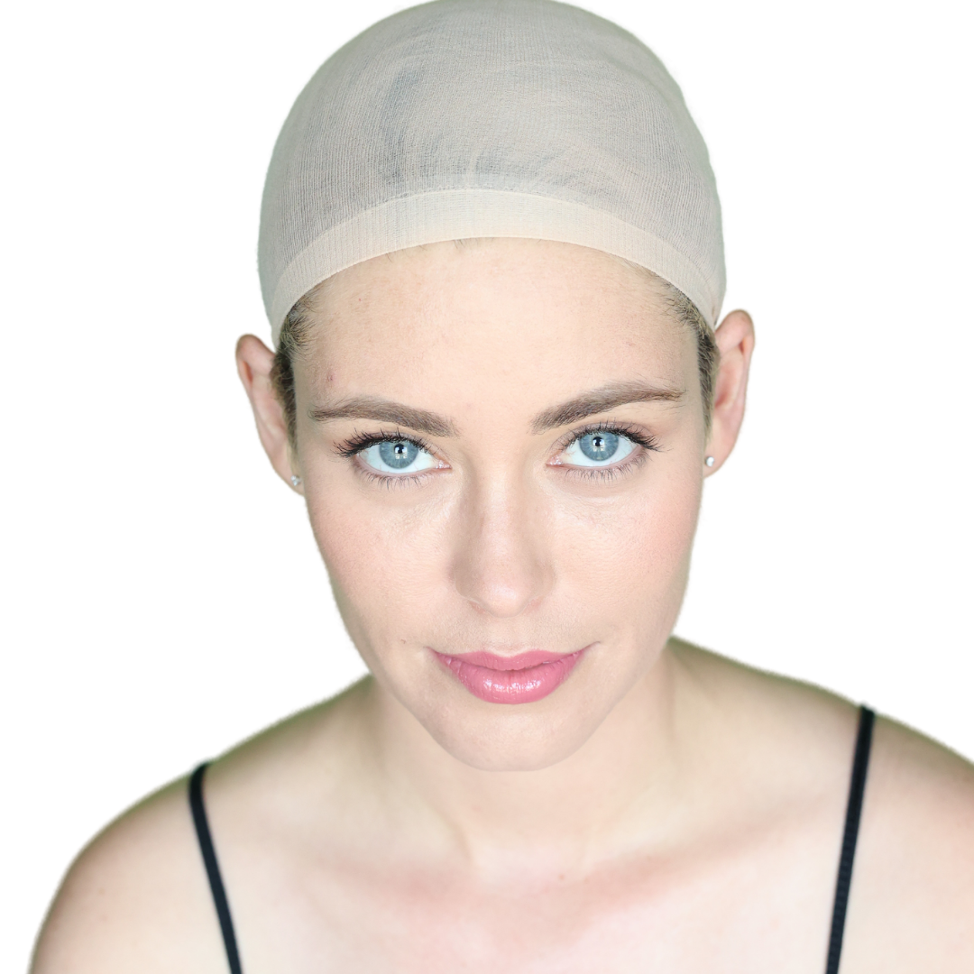 Light-tone under beanie wig cap on model, angled front portrait
