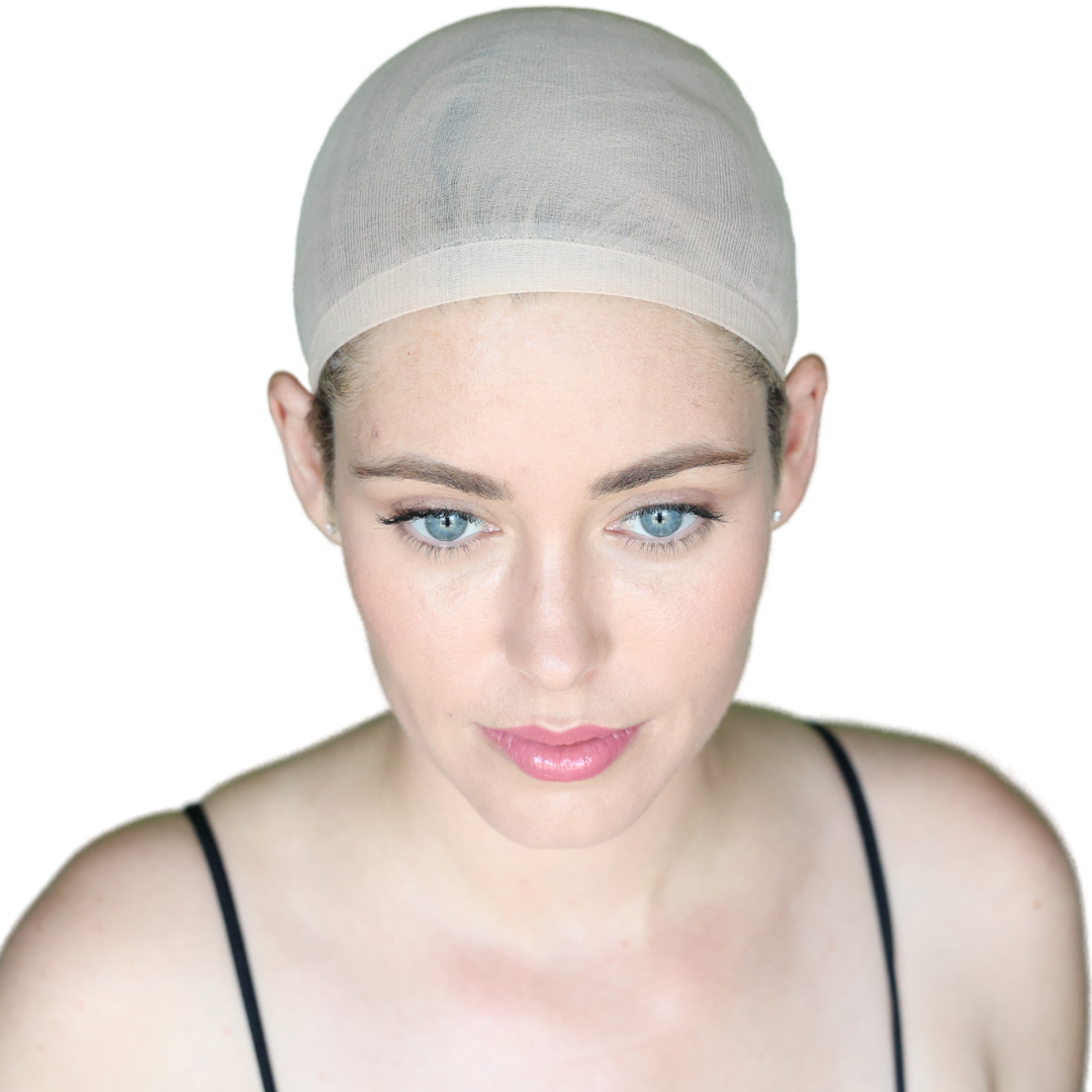 Light-tone under beanie wig cap on model, close-up front portrait