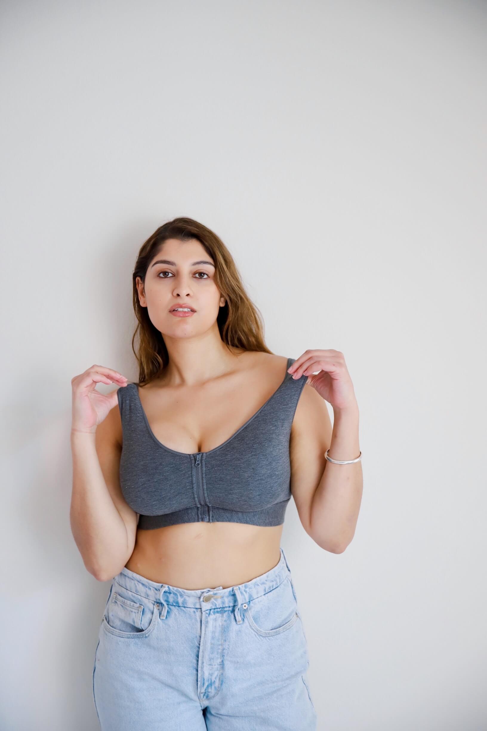 Grey cotton bralette with front zipper closure and scoop neck