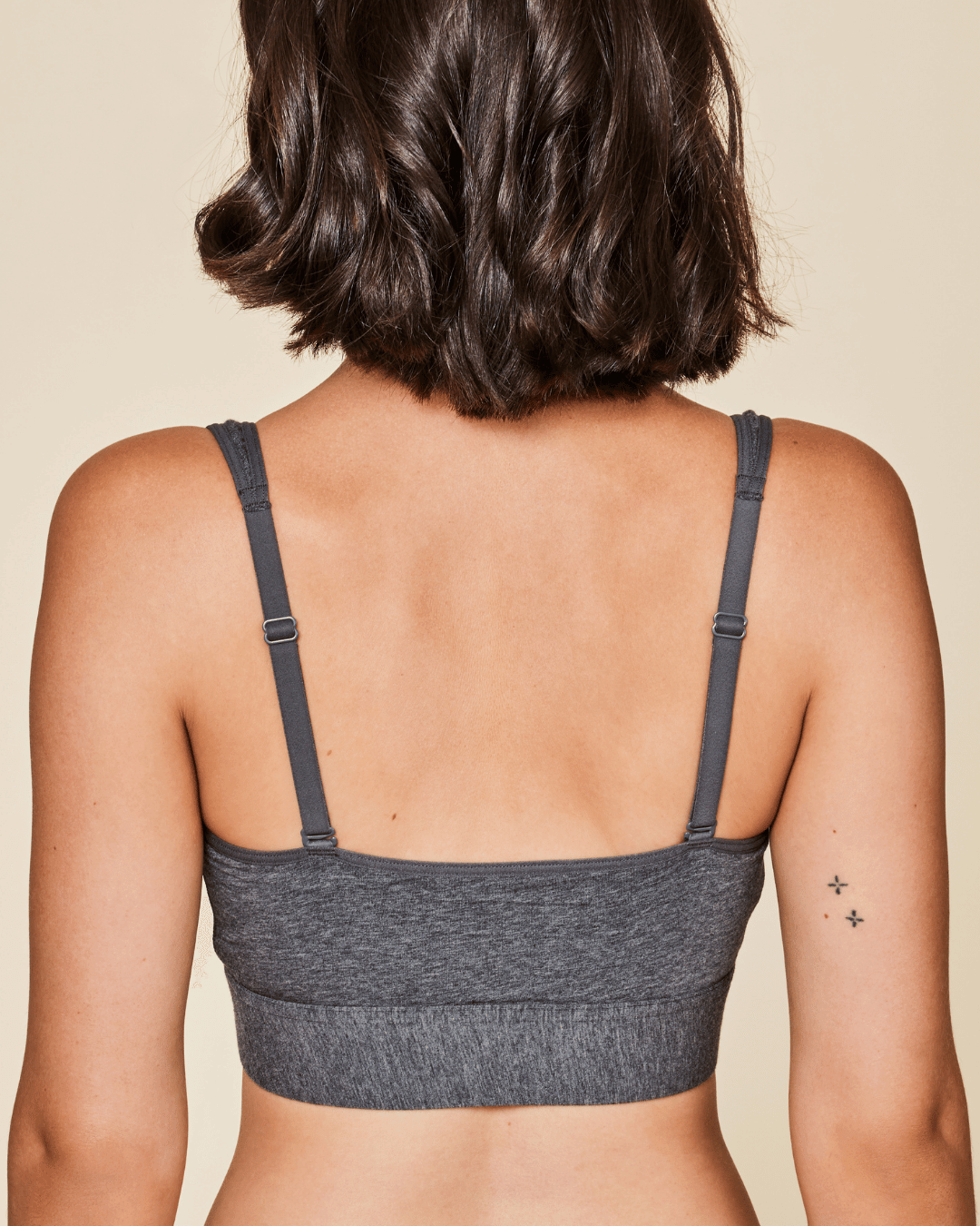 Grey cotton bralette back view with adjustable straps