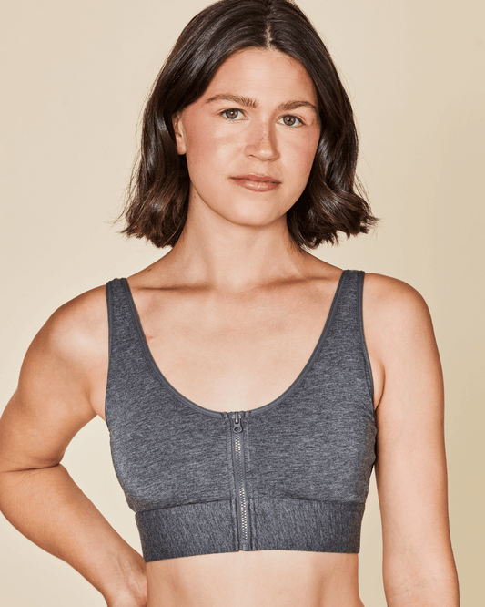 Grey cotton bralette with front zipper closure and wide scoop neckline