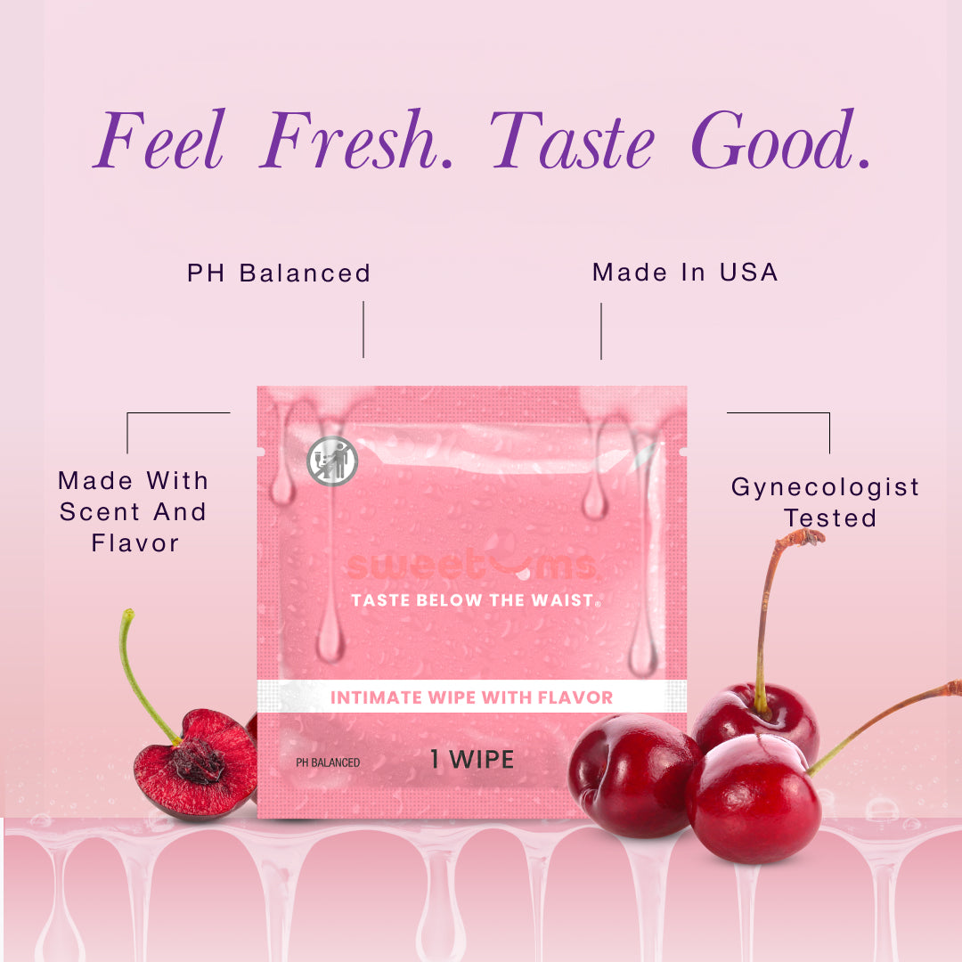 Cherry flavored wipes foil packet with two cherries