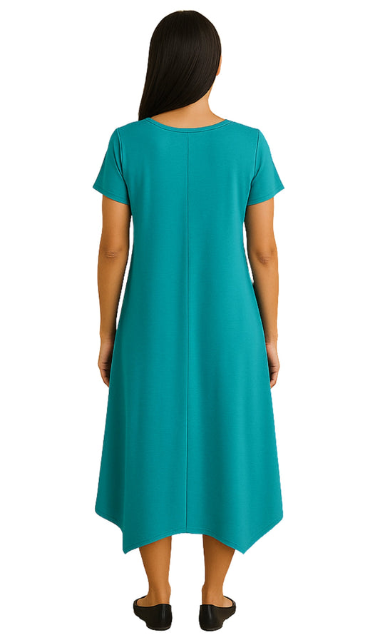 Women's Knit Wide Scoop Neck Short Sleeve Dress in A-line Asymmetrical Hem