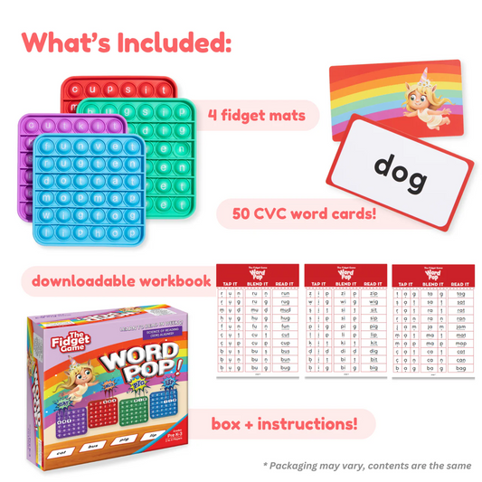 Set with colorful letter popit mats, CVC word cards, and a downloadable workbook