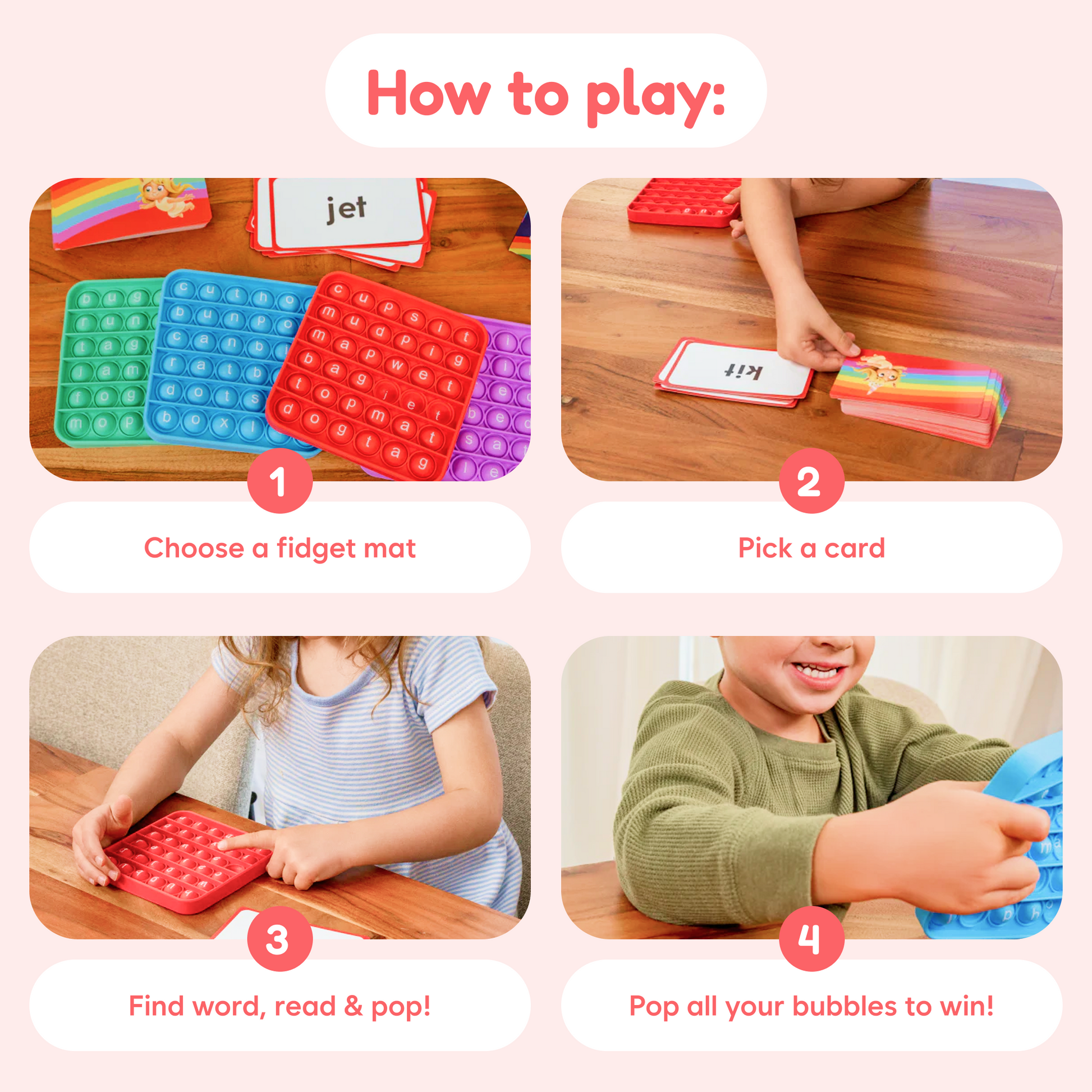 Word Pop game instructions showing colorful bubble mats and word cards