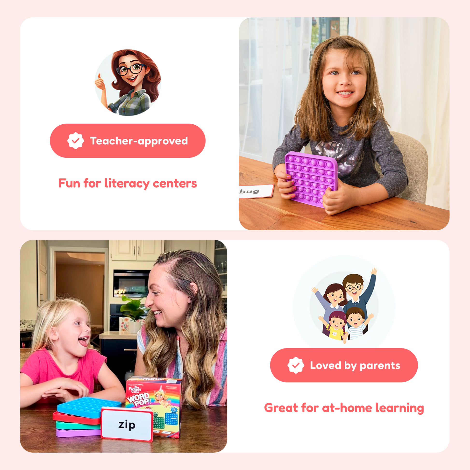 Word Pop purple bubble fidget mat with word card for reading