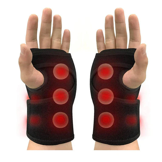 Wearable wrist heating pad brace with red heat dots, worn on both hands