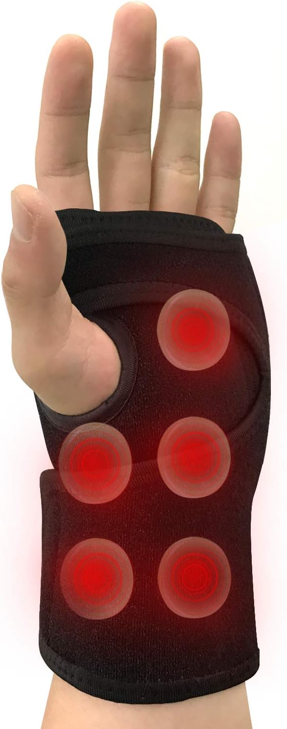 Wearable wrist heating pad brace with red heat dots on one hand