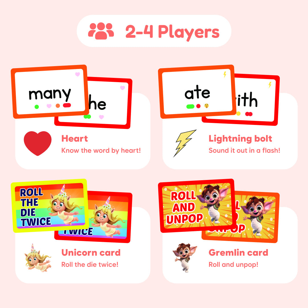 Sight word game cards showing word prompts, heart and lightning actions for kids