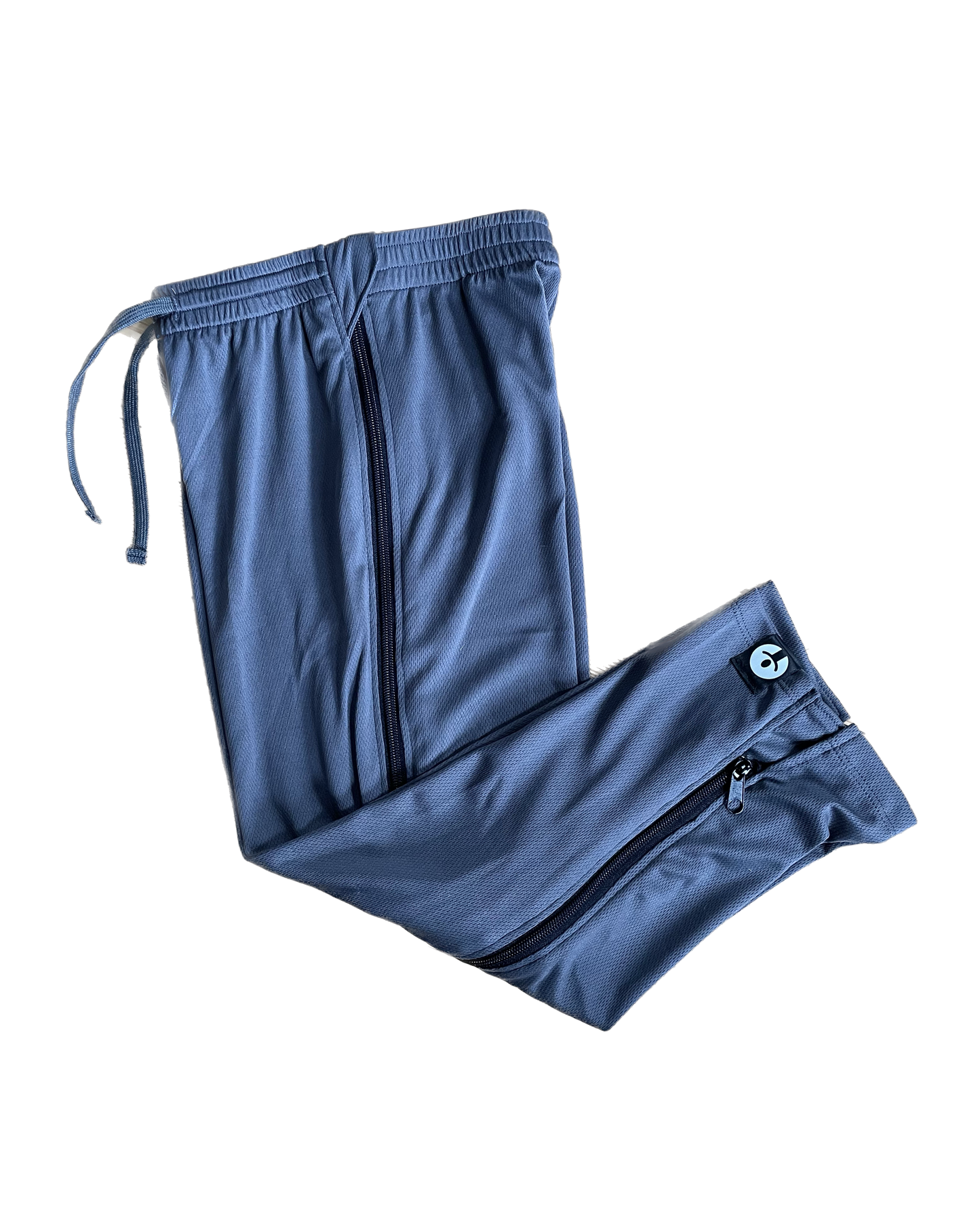 Blue pants with zippers on a white background