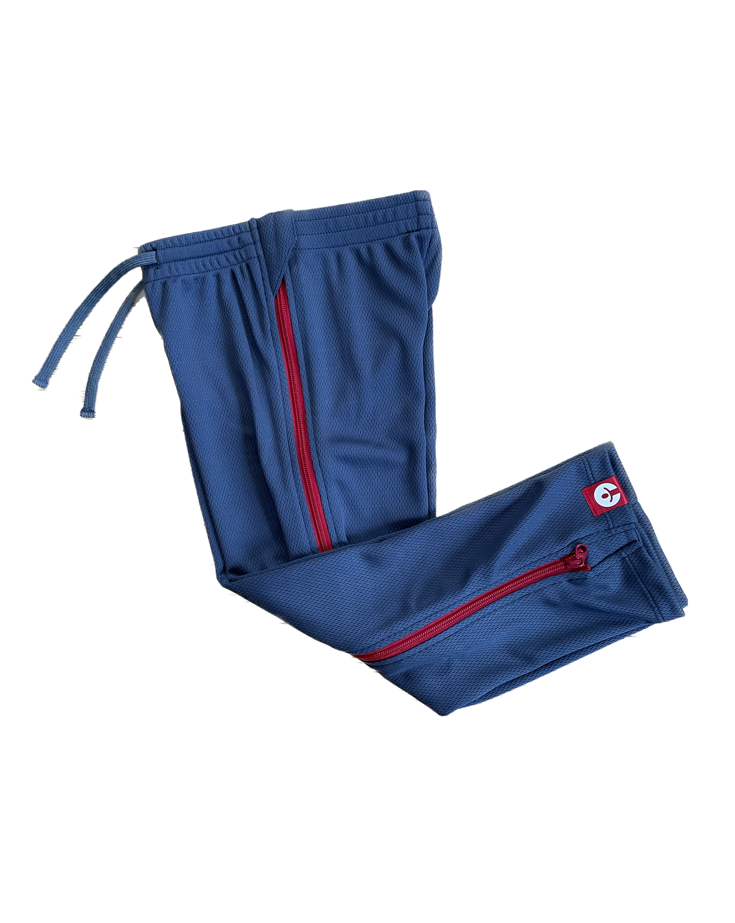 Blue pants with red accents on a white background