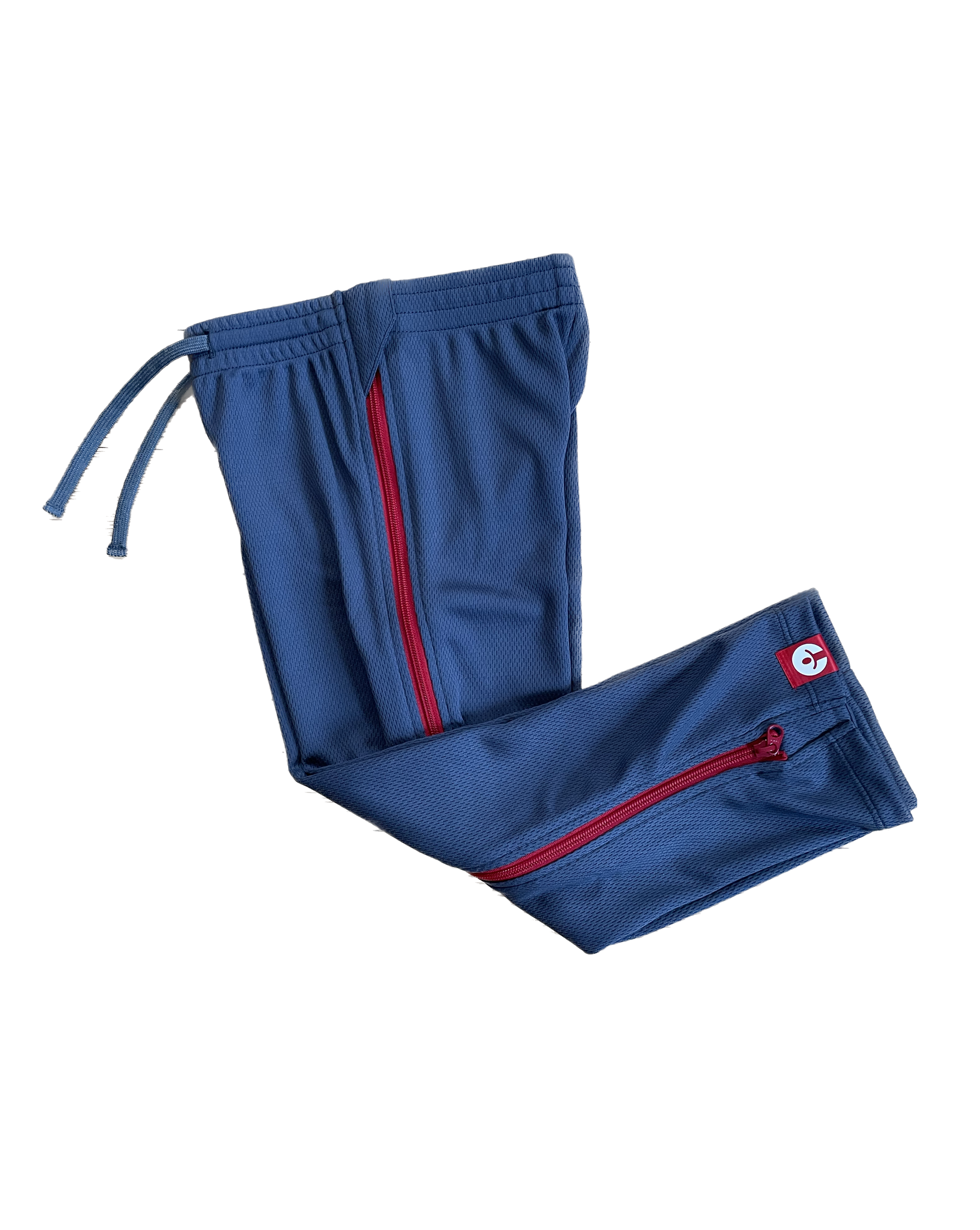 Blue pants with red accents on a white background