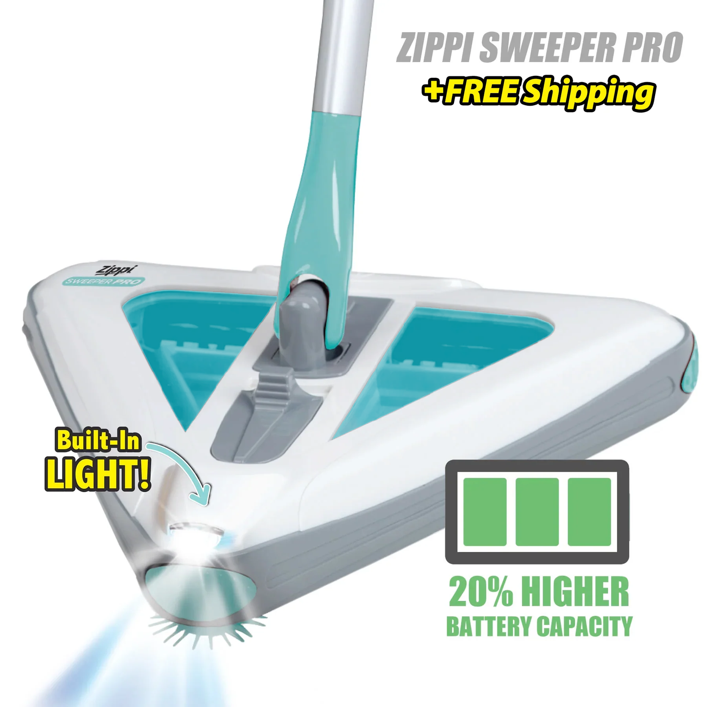 Electric floor sweeper head with white body, teal insert, and central suction/brush fixture.