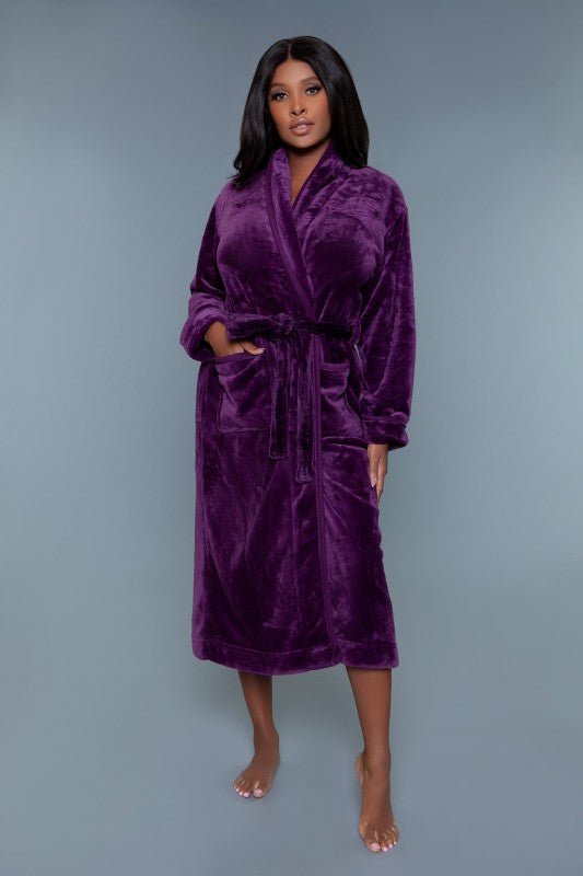 Plush robe, purple long sleeves, shawl collar, belt tie, front view