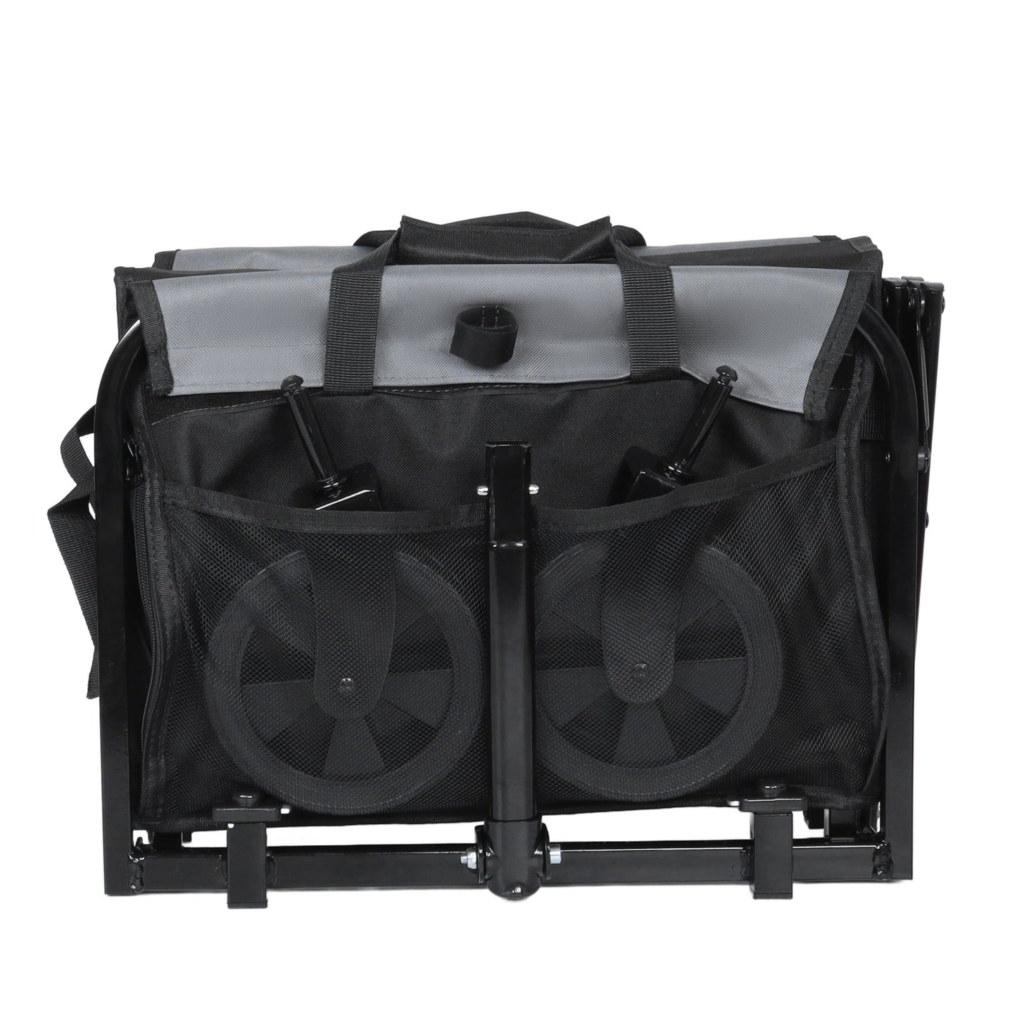 Collapsible utility wagon with two large front wheels, black mesh sides, and gray top panel