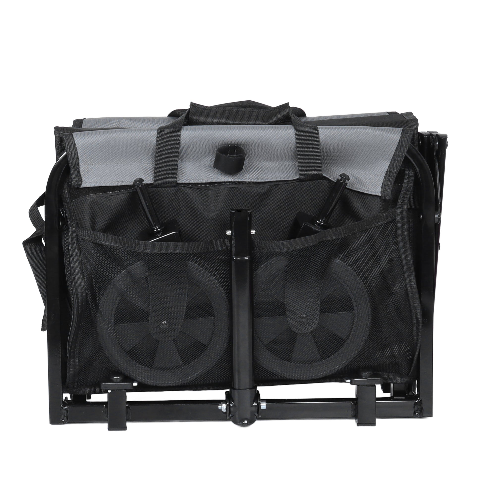 Collapsible utility wagon with two large front wheels, black mesh sides, and gray top panel