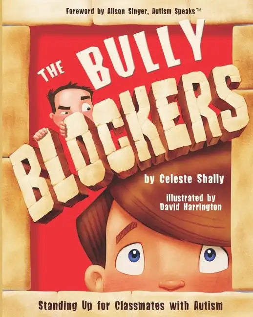 Paperback book cover with red background and cartoon boy, titled “The Bully Blockers”.