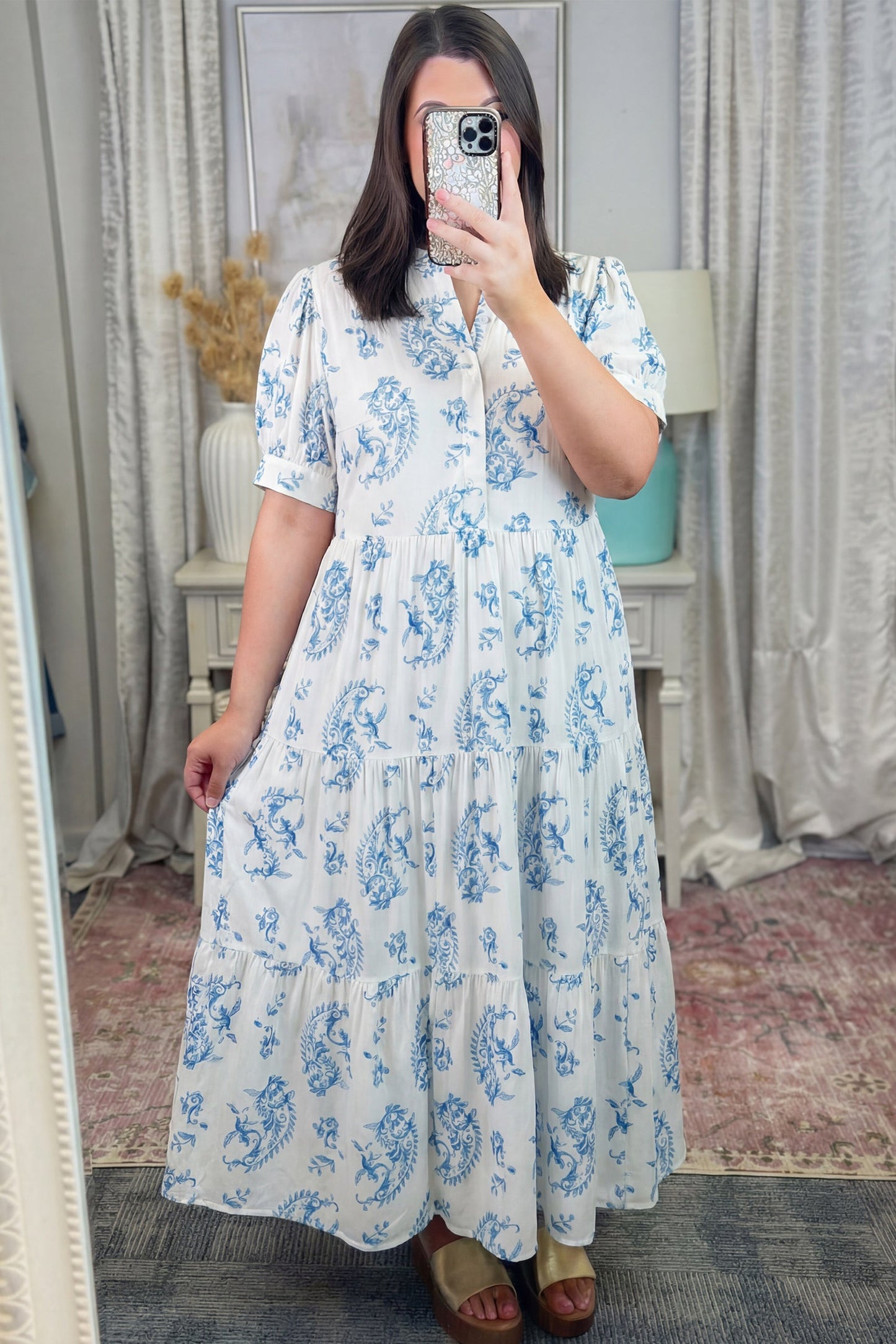 Sky blue floral print short sleeve maxi dress with tiered skirt and gathered waist