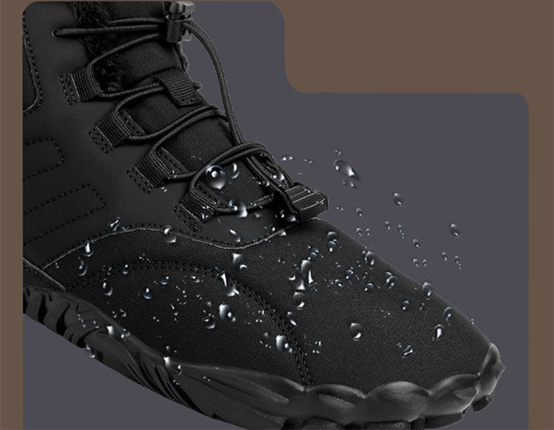 Black winter slip-on boots with lace-up front, water droplets on the upper surface.