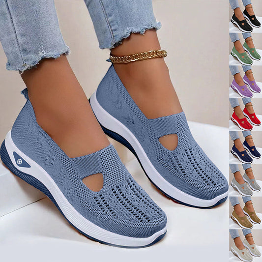 Blue knit mesh flats with oval cutout and white sole, slip-on casual shoes