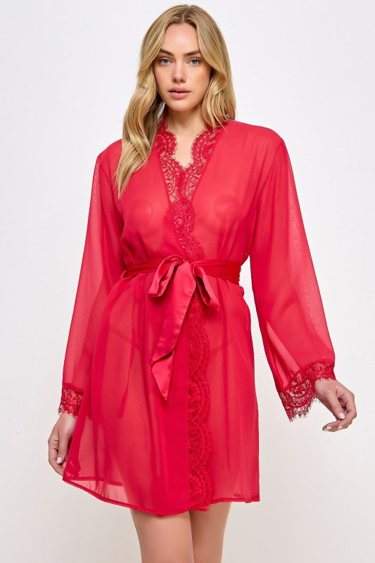 Red semi-sheer robe with lace V-neck and matching lace trim at cuffs