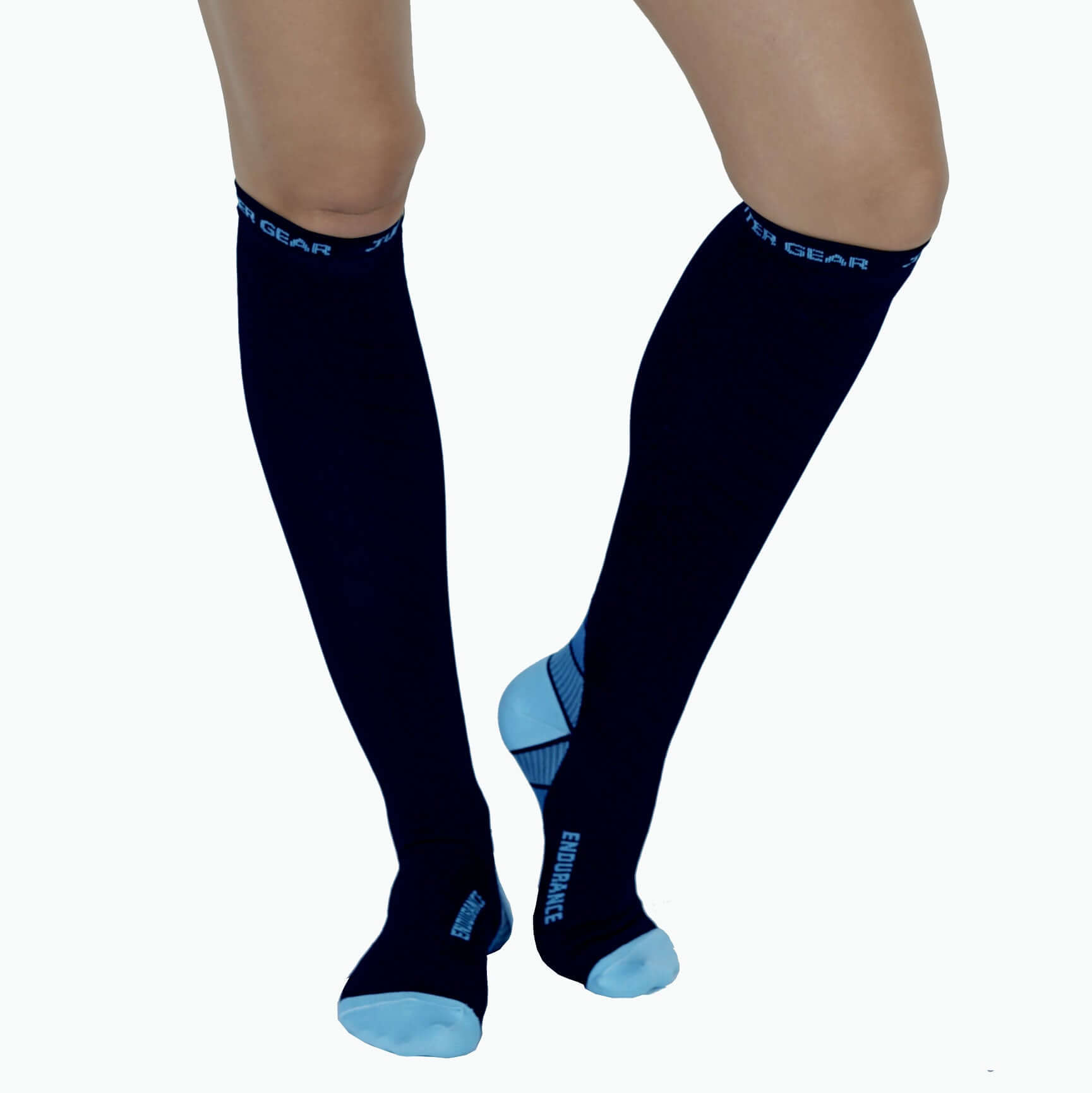 Navy compression socks with blue logo band and light blue heel/toe accents
