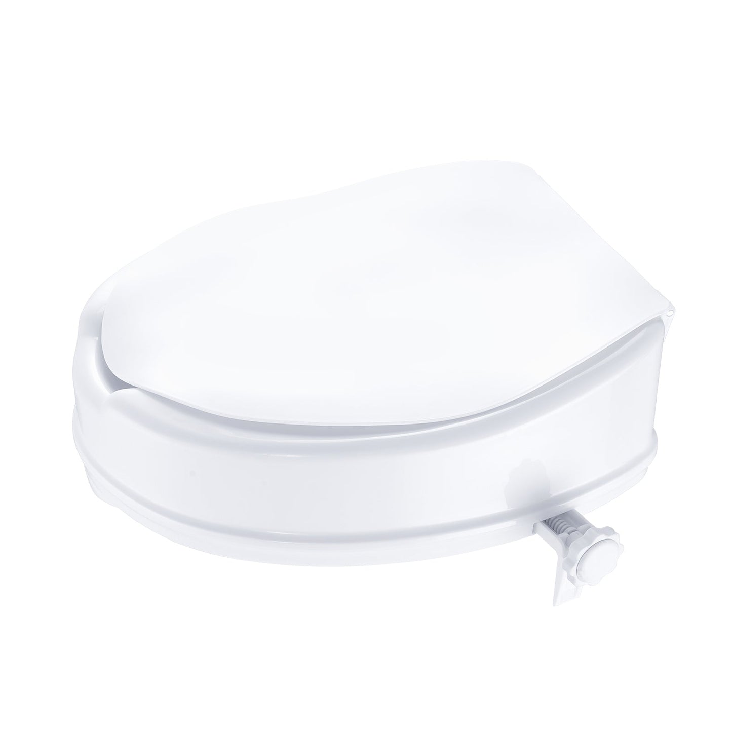 Raised white toilet seat with smooth, curved lid and side adjustment knob
