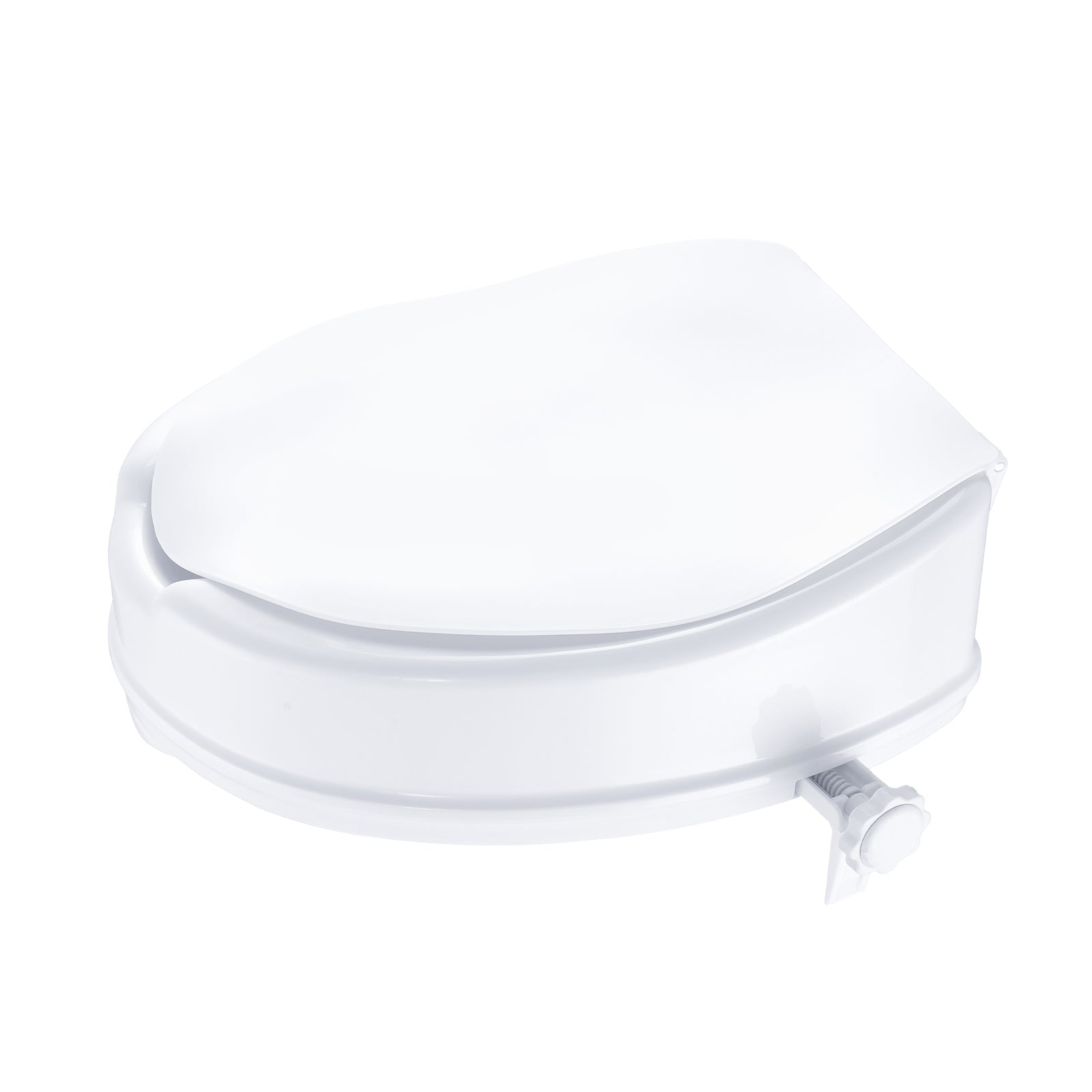 Raised white toilet seat with smooth, curved lid and side adjustment knob