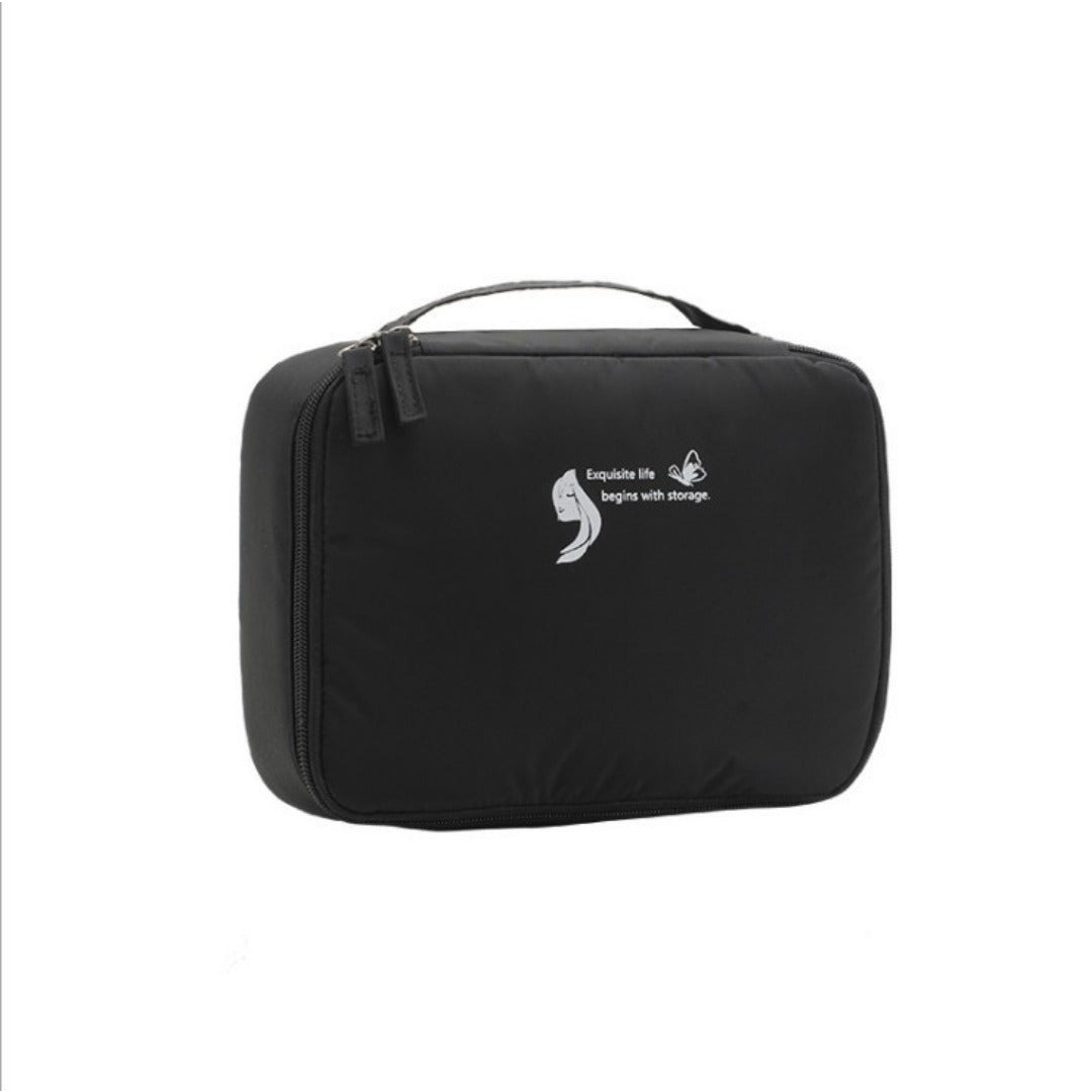 Black square waterproof cosmetic bag with zipper closure, top handle and front logo