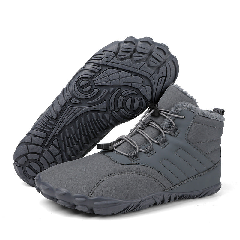 Men's gray snow boots with lace-up closure, fleece cuff, and textured tread outsole