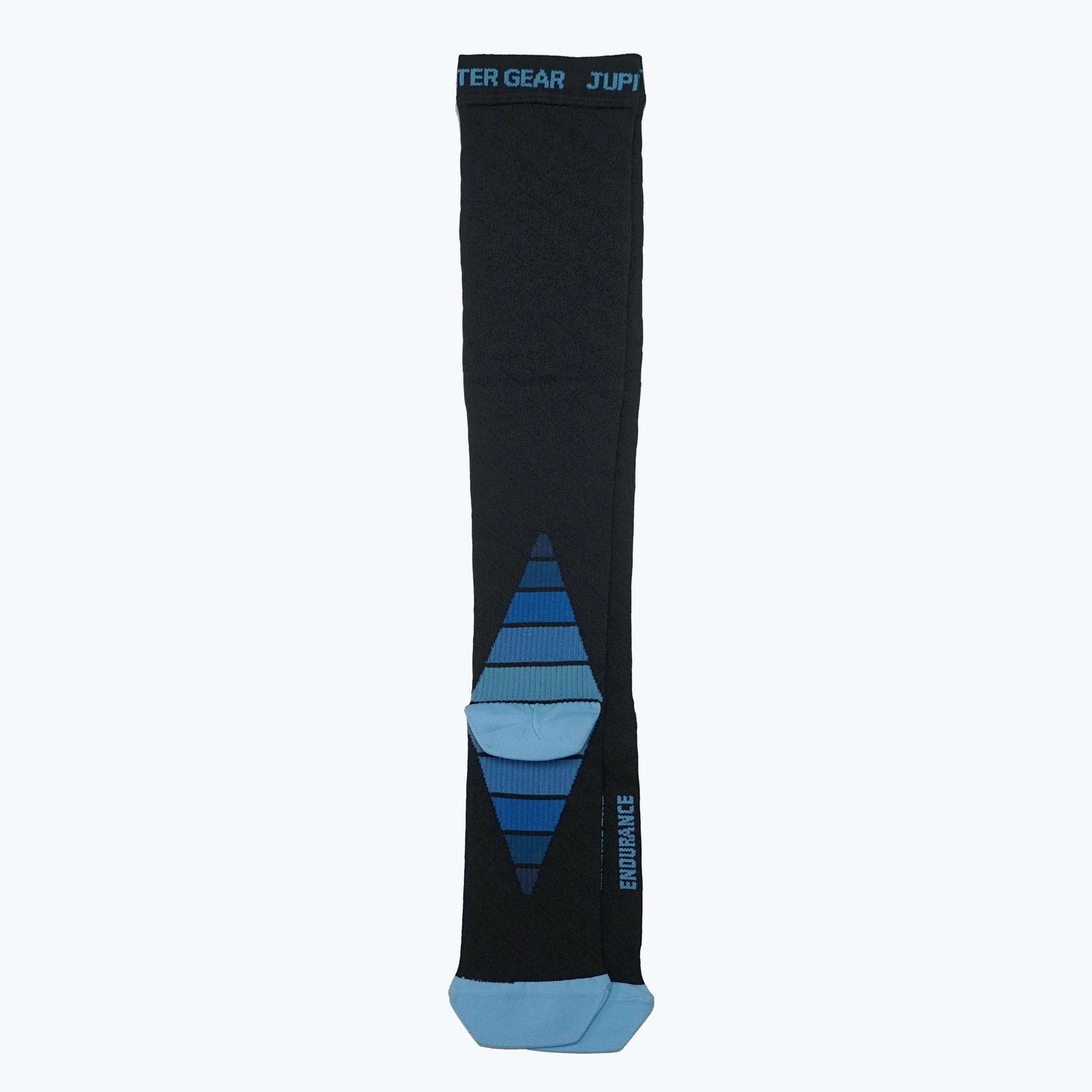 Single dark compression sock with blue heel/toe, blue-striped panel, and logo