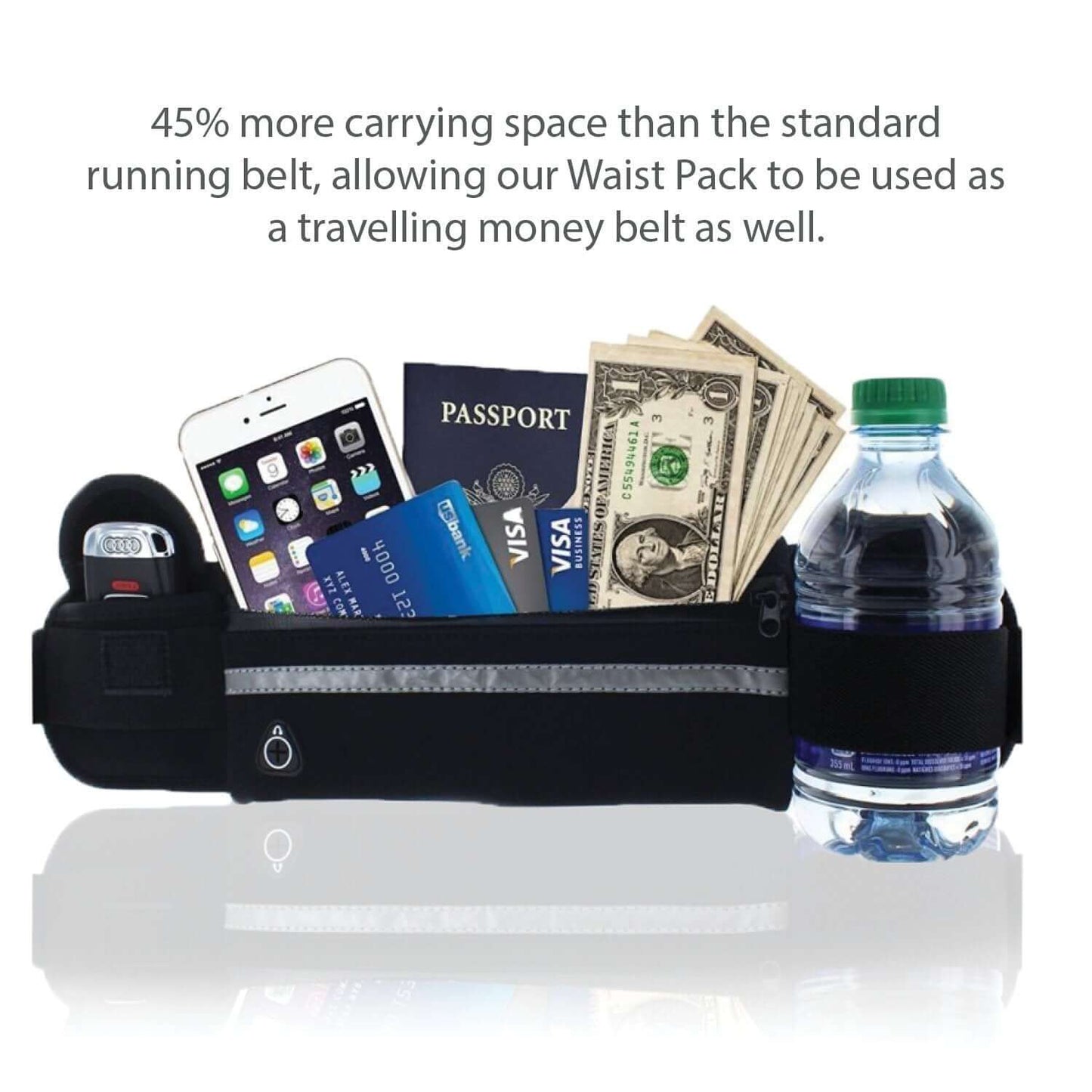 Black waist pack with front zipper pocket and gray reflective stripe