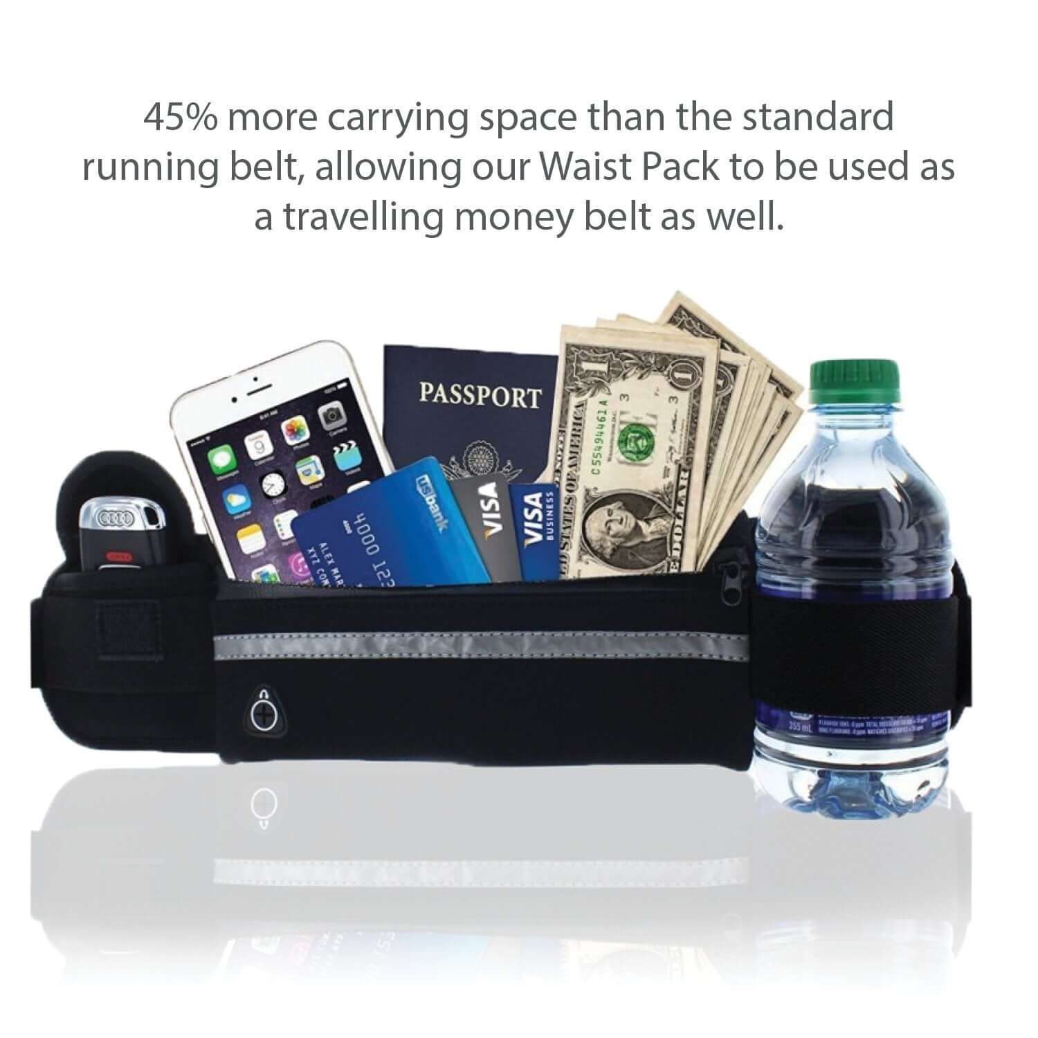 Black waist pack with front zipper pocket and gray reflective stripe