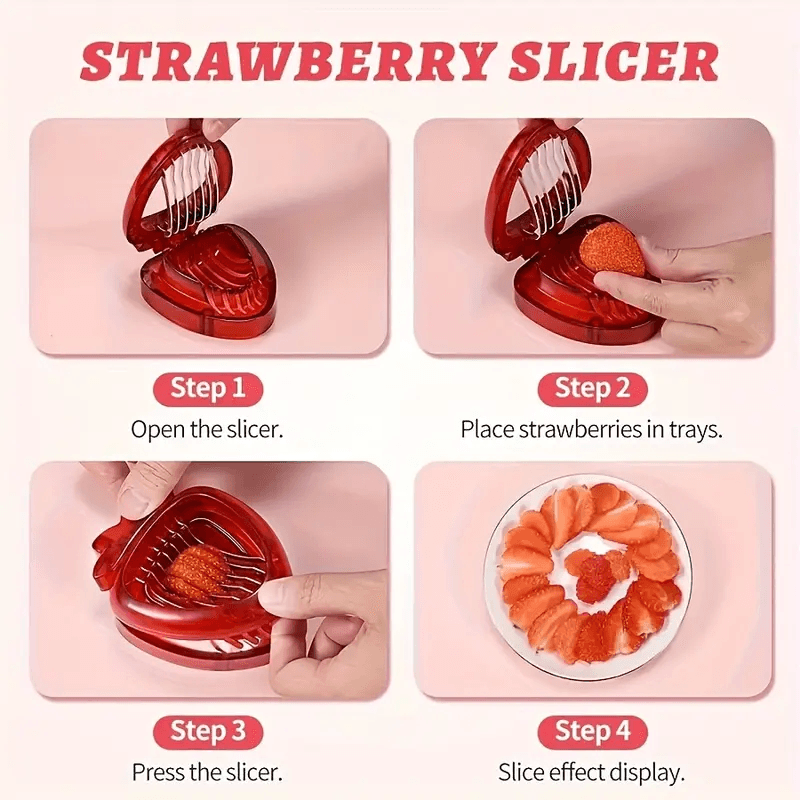 Strawberry slicer with step-by-step instructions on a pink background