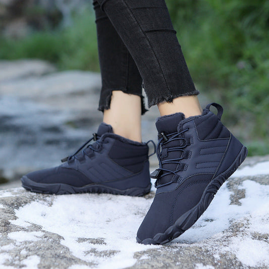 Fleece-lined waterproof snow boots, navy lace-up with padded collar and grippy sole