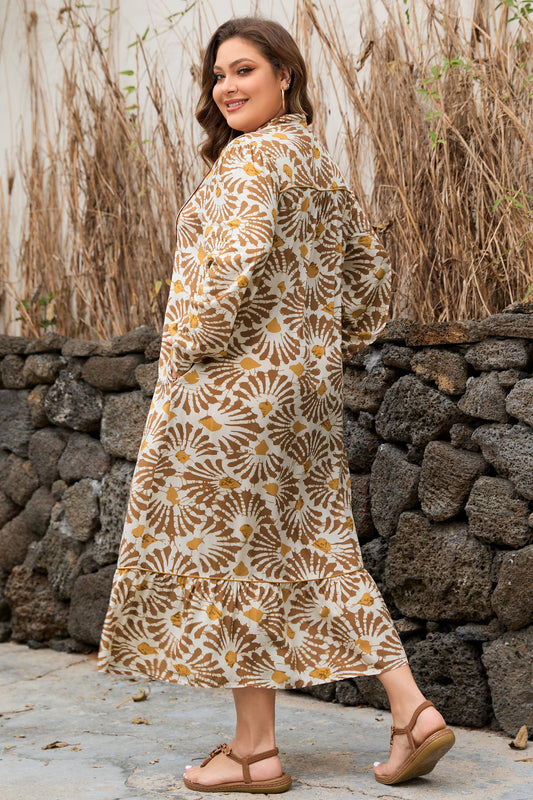 Plus size loose long dress with khaki base and gold floral swirl print, side view