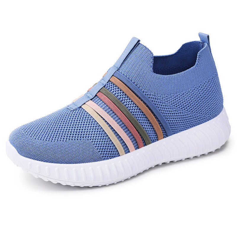 Blue breathable knit slip-on shoes with multicolor striped band and white sole