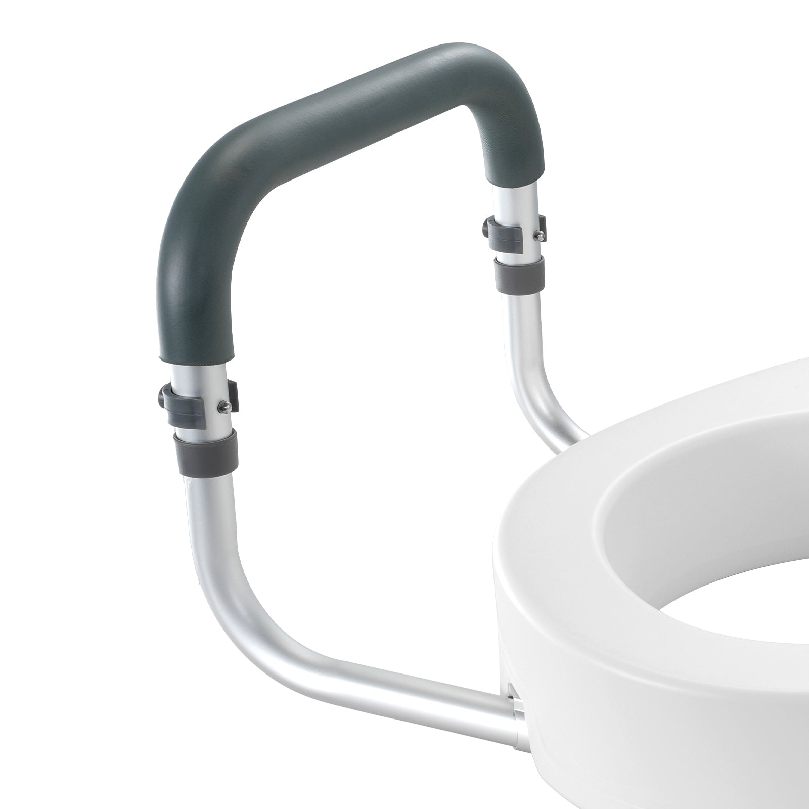 Raised toilet seat handrail close-up with gray padded grips and silver metal frame