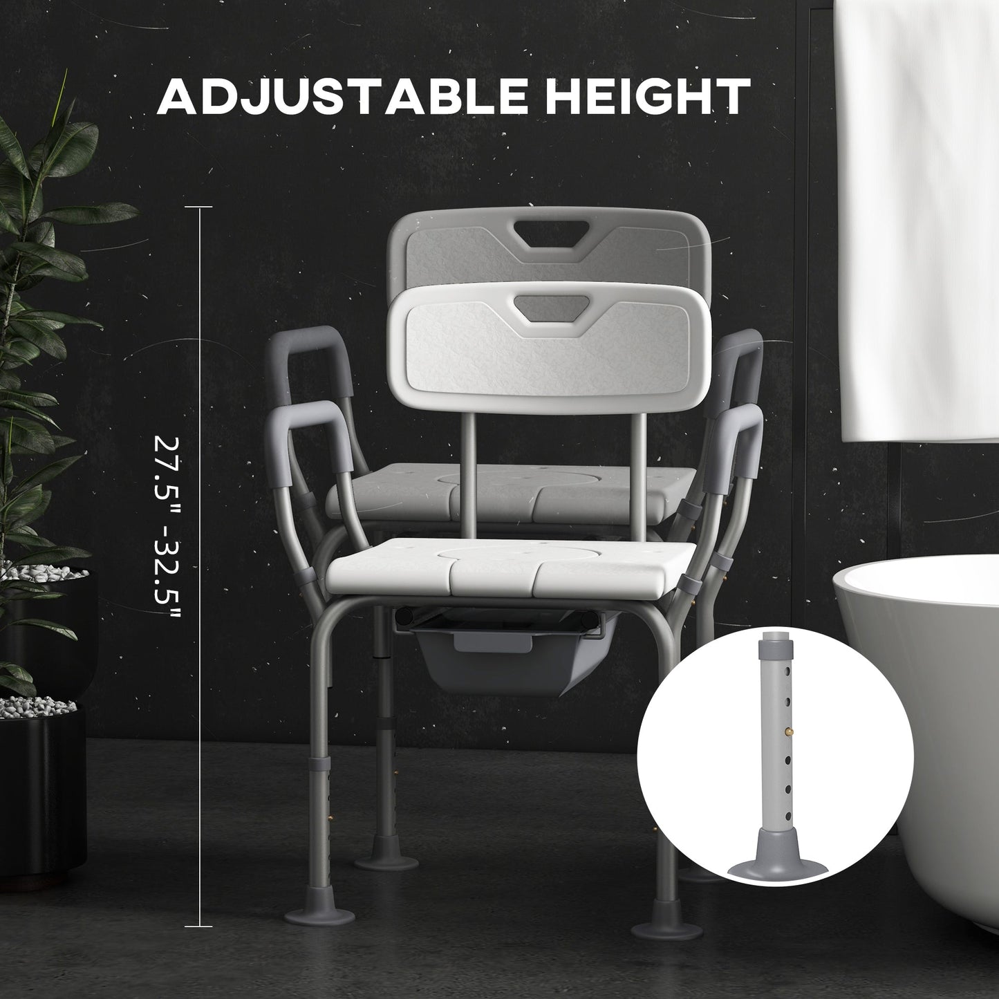 Adjustable height commode chair with padded seat, armrests, and detachable bucket