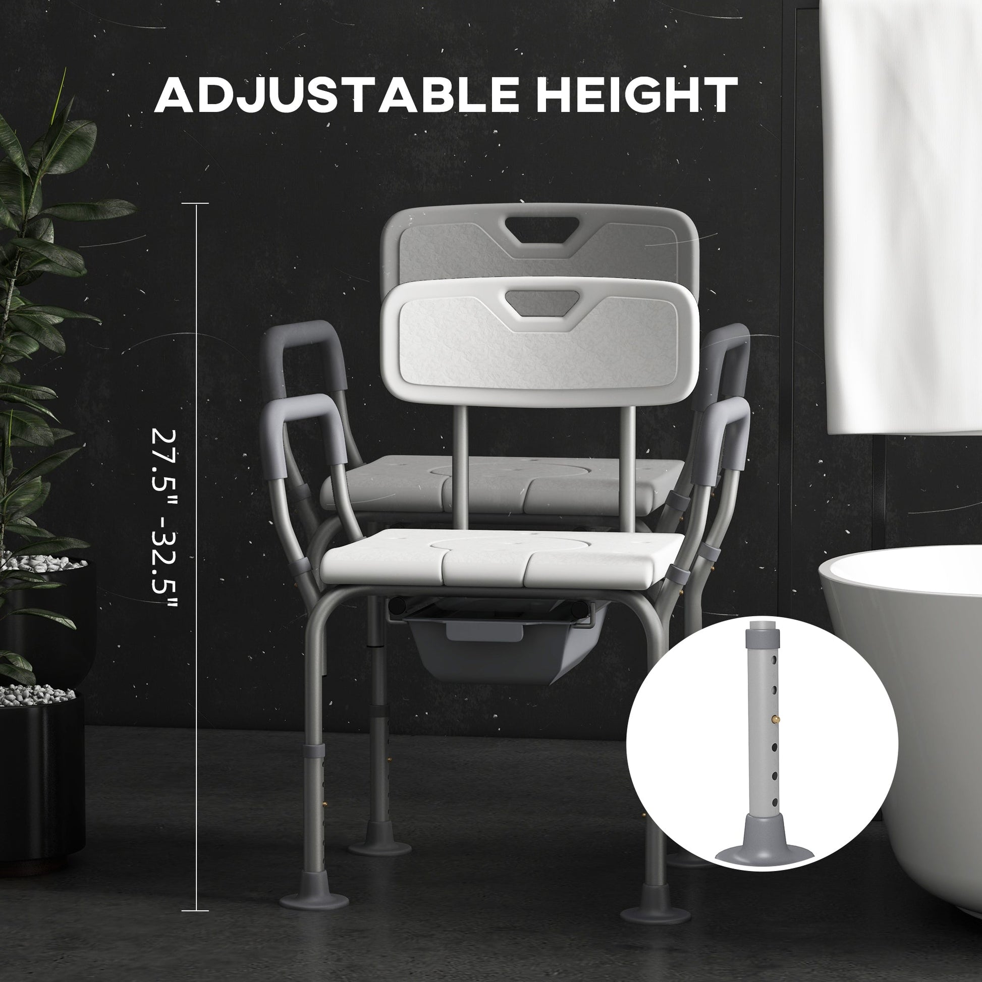 Adjustable height commode chair with padded seat, armrests, and detachable bucket