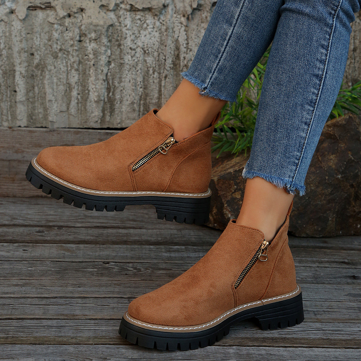 Camel suede ankle boots with side zipper and chunky black lug sole