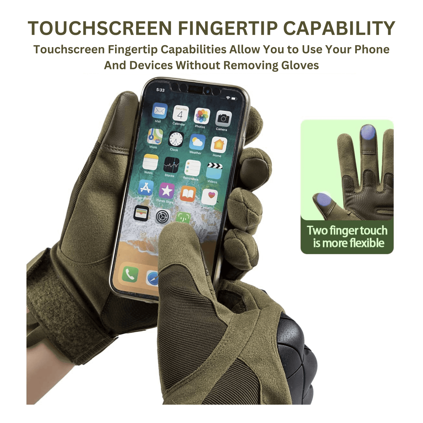 Tan tactical gloves holding a smartphone; touchscreen fingertip design visible on fingers.