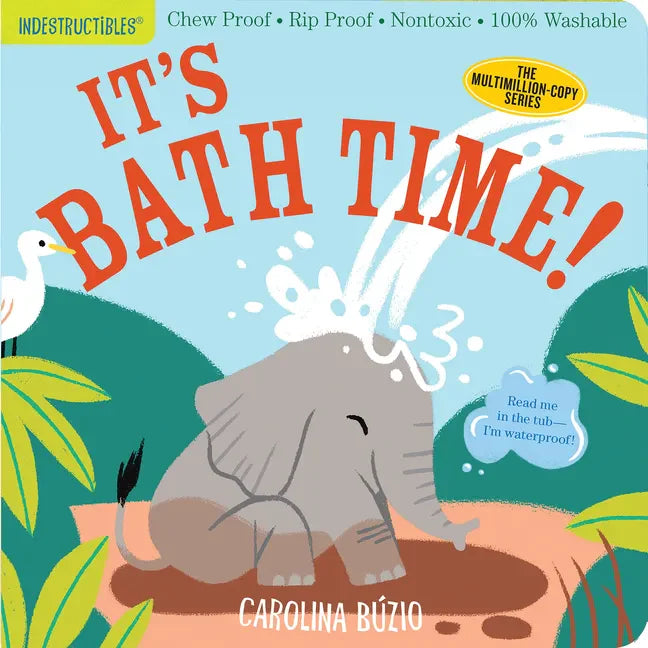 Paperback bath-time book cover, elephant in bathtub with splash and orange title text