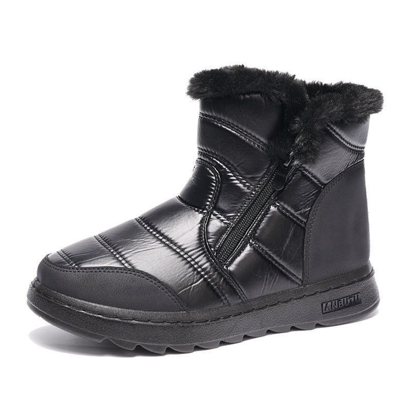 Winter snow boots, black faux-leather with faux-fur cuff, side zipper, thick platform sole